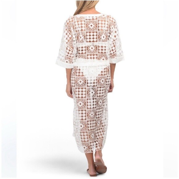 4OUR Dreamers Maxi Crochet Lace Swim Cover Up Caftan White Tie Waist Small - Picture 2 of 8
